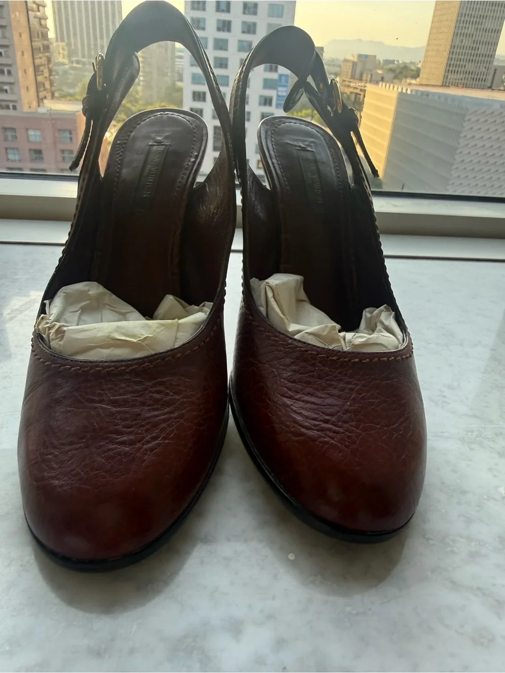 Louis Vuitton Burgundy Leather Slingback Heels with Gold Buckle